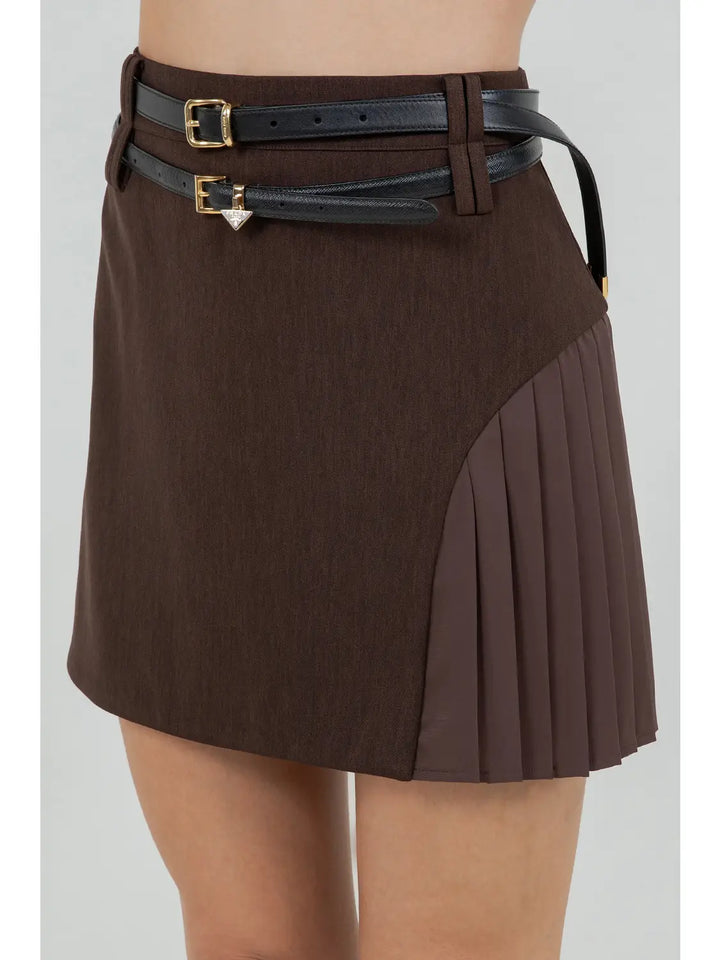 CONTRAST PLEATING DOUBLE BELT LOOP MINI SKIRT
