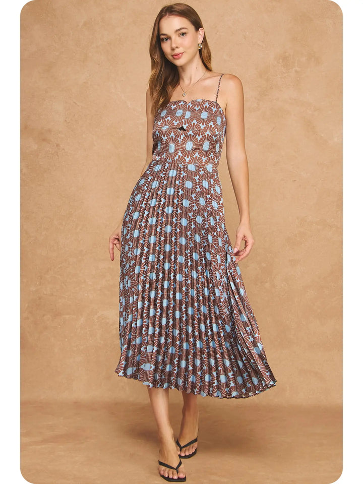 RETRO FLORAL PRINT TOP-STITCH MIDI DRESS