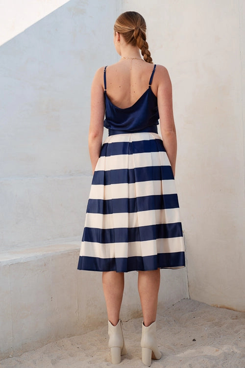 COLOR BLOCK PUFF PLEATED SLEEK MIDI SKIRT
