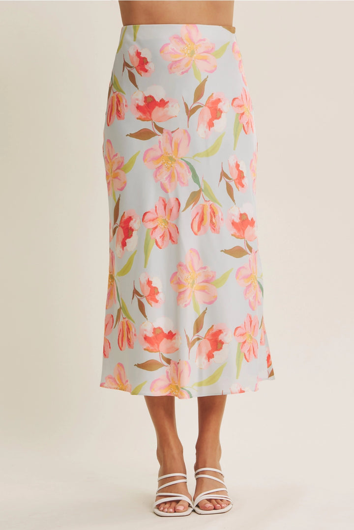FLATTERING MOVEMENT FLORAL SATIN BIAS MIDI SKIRT