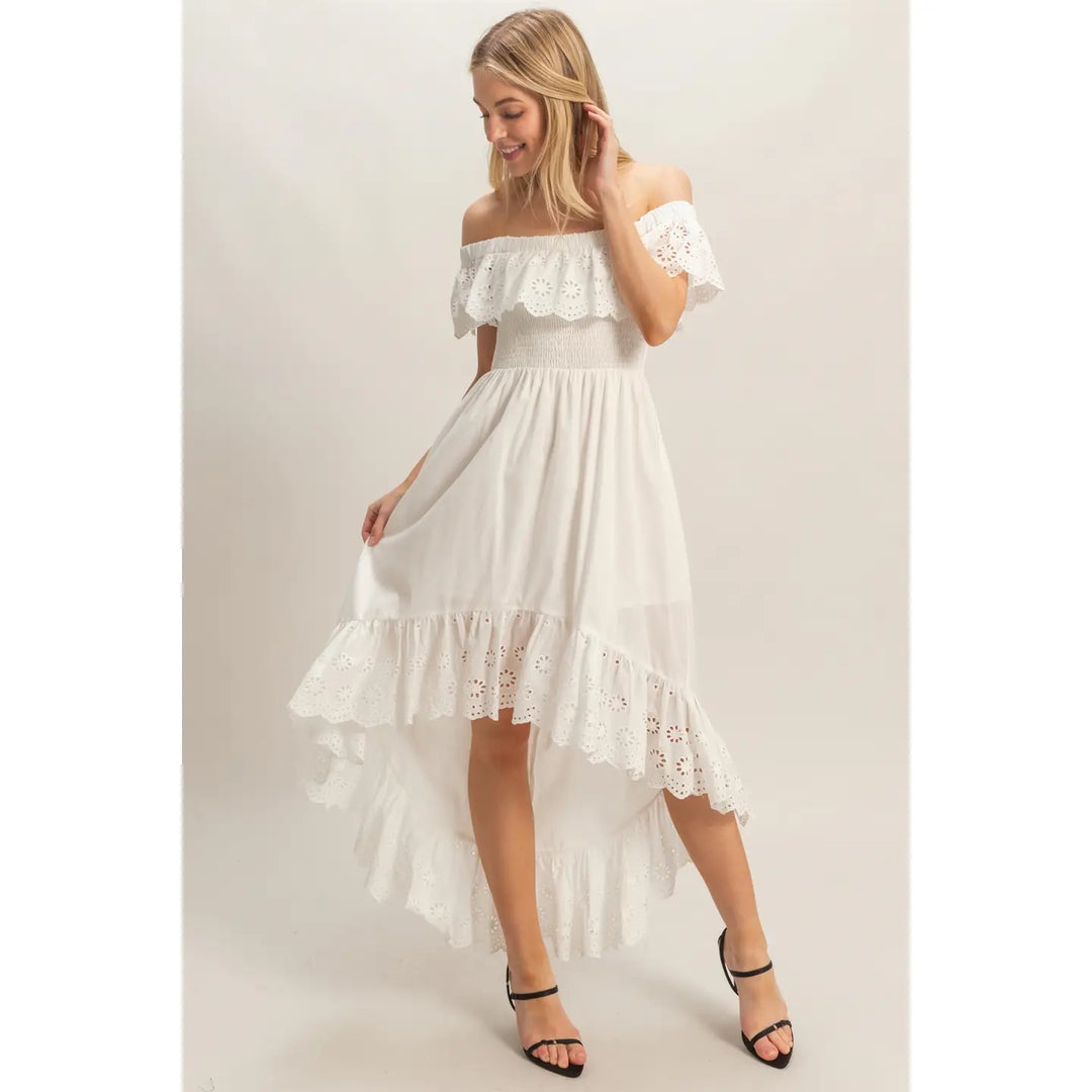 OFF SHOULDER SMOCKED DRESS
