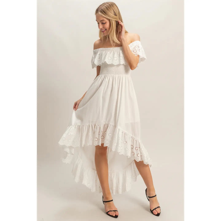 OFF SHOULDER SMOCKED DRESS