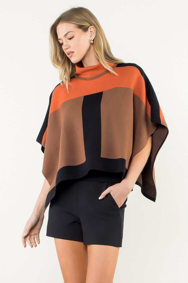 COLORBLOCK TURTLENECK KNIT PONCHO