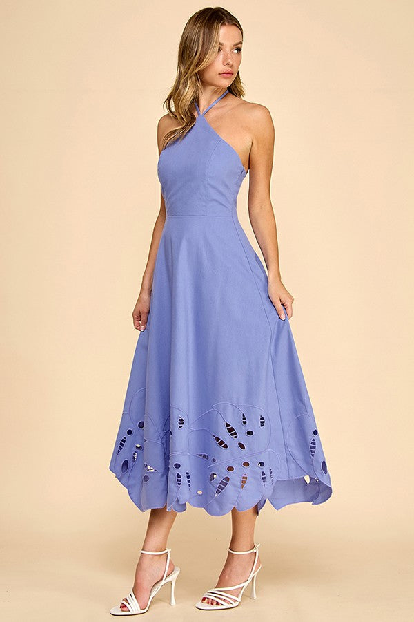 HALTER NECKLINE MIDI DRESS WITH EMBROIDERED DETAIL