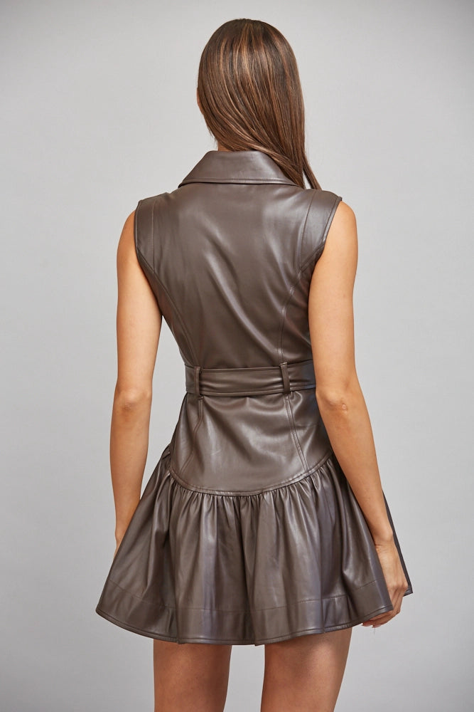 FAUX LEATHER BELTED DROP WAIST DRESS