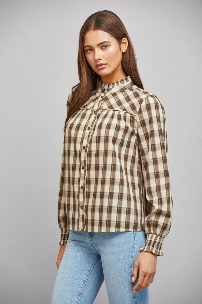 PLAID RUFFLED HIGH COLLAR BUTTON DOWN BLOUSE