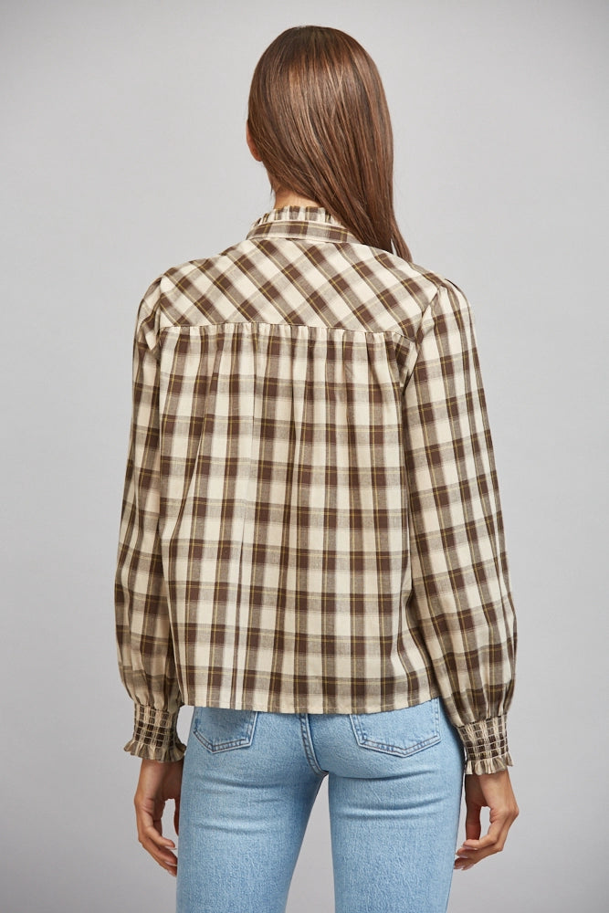 PLAID RUFFLED HIGH COLLAR BUTTON DOWN BLOUSE