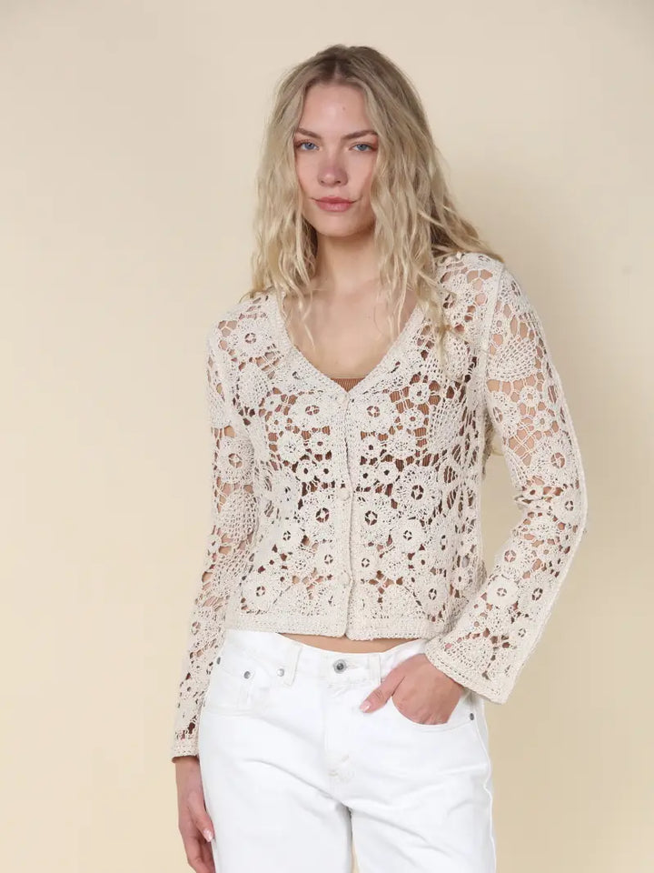 COTTON CROCHET BUTTON FRONT CARDIGAN
