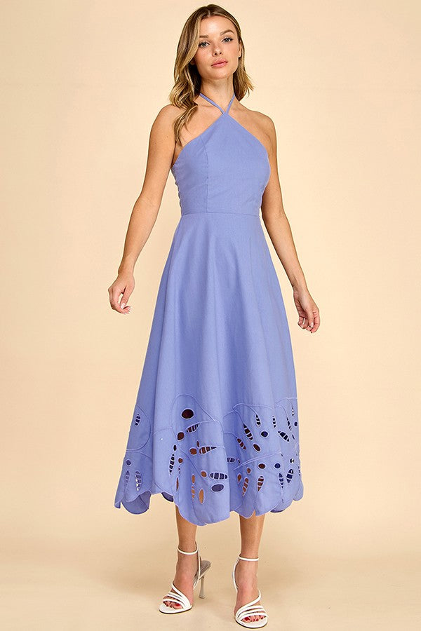 HALTER NECKLINE MIDI DRESS WITH EMBROIDERED DETAIL