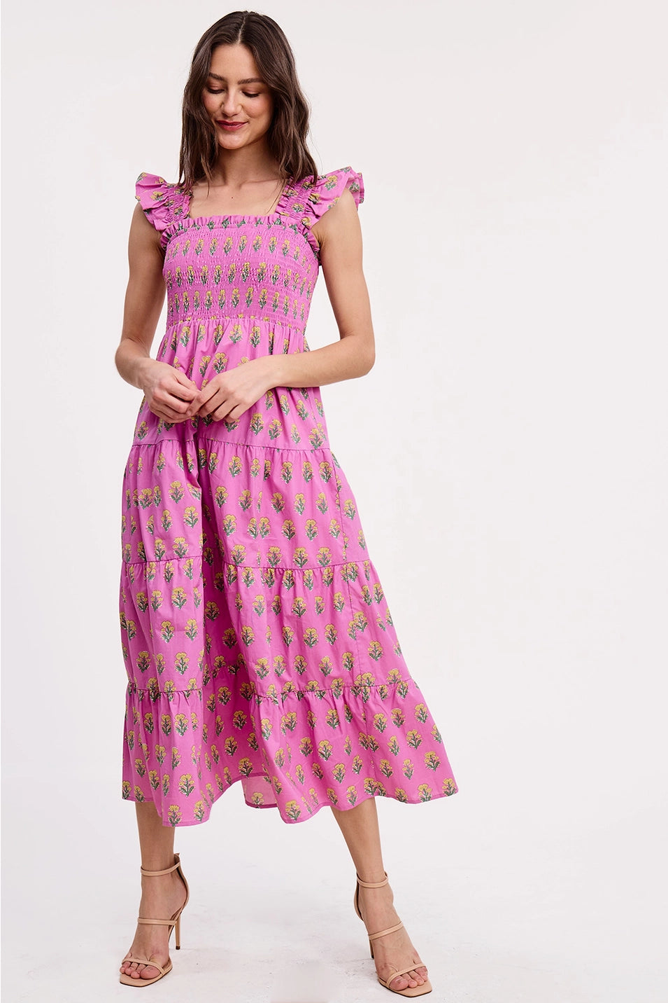 FLORAL CLUSTERS SMOCKED MIDI DRESS
