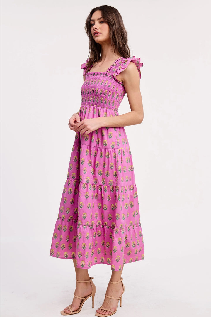 FLORAL CLUSTERS SMOCKED MIDI DRESS