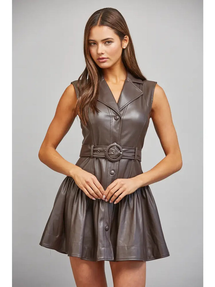 FAUX LEATHER BELTED DROP WAIST DRESS