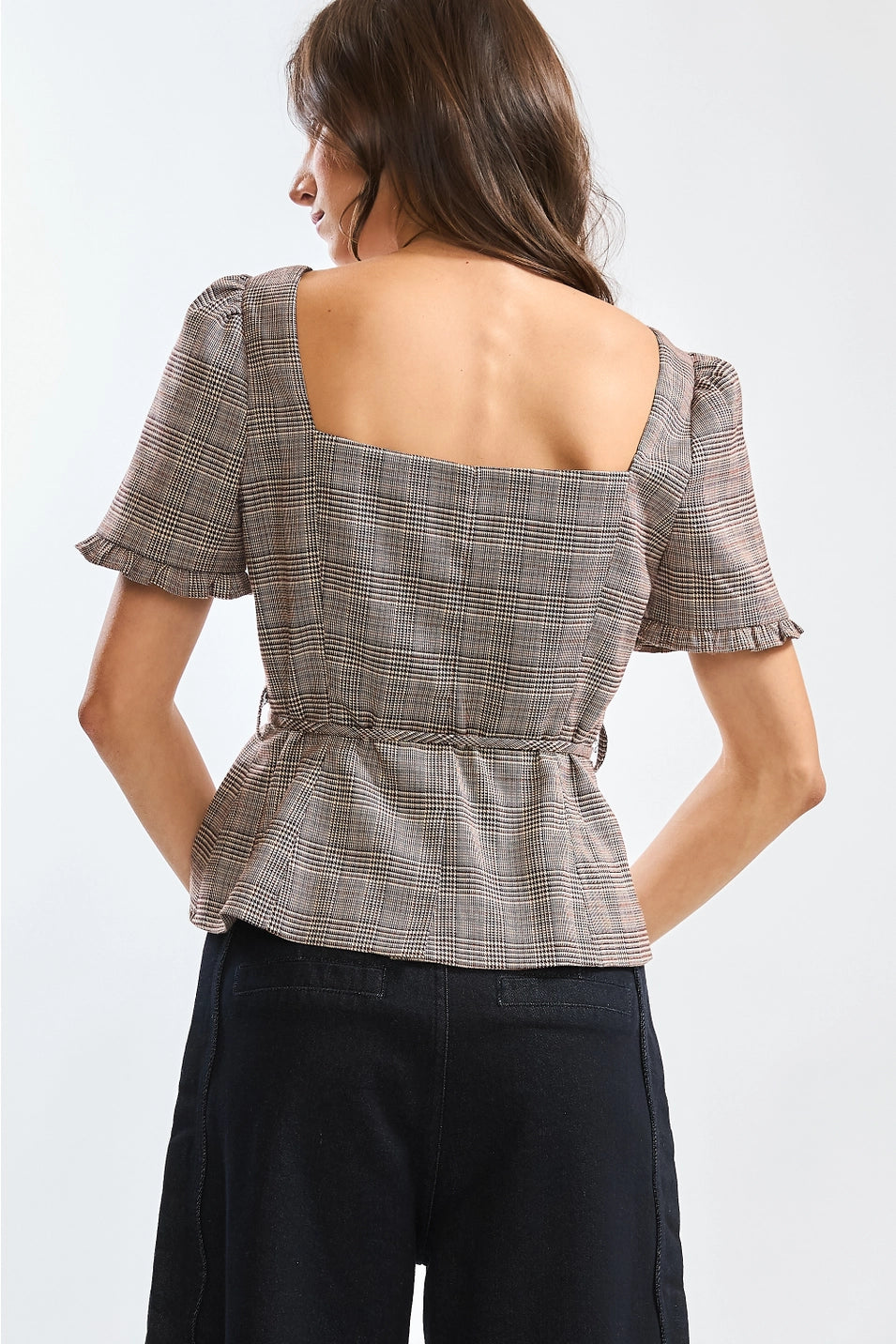 GLEN PLAID BUTTON-FRONT BLOUSE WITH BELTED WAIST