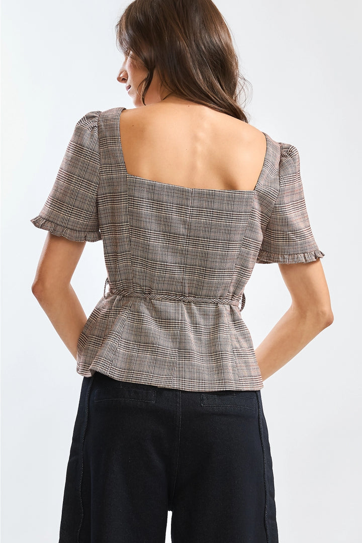 GLEN PLAID BUTTON-FRONT BLOUSE WITH BELTED WAIST