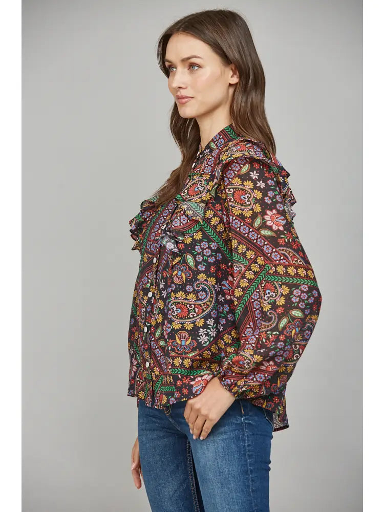 RUFFLE DETAIL STAND COLLAR BLOUSE