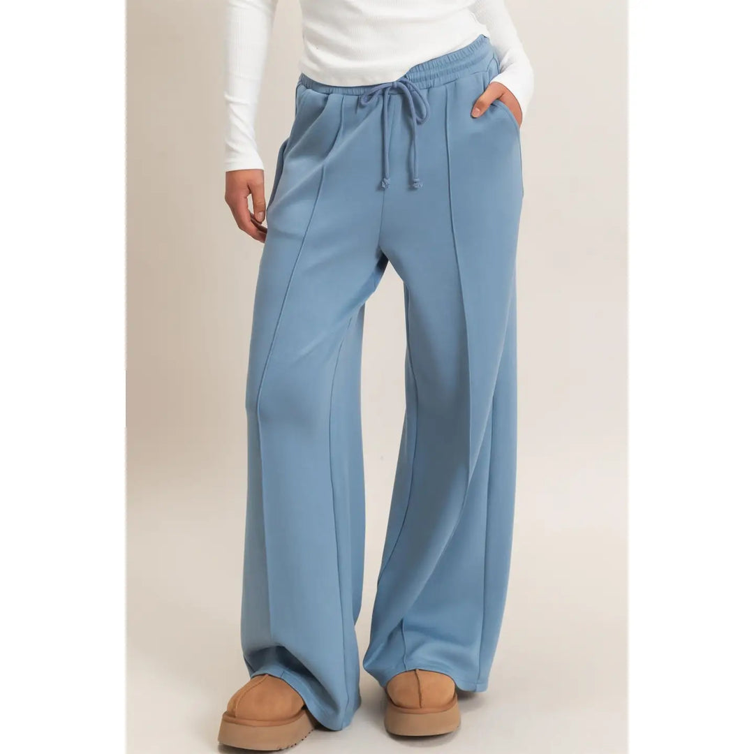 DRAWSTRING WAIST PINTUCK WIDE LEG PANTS