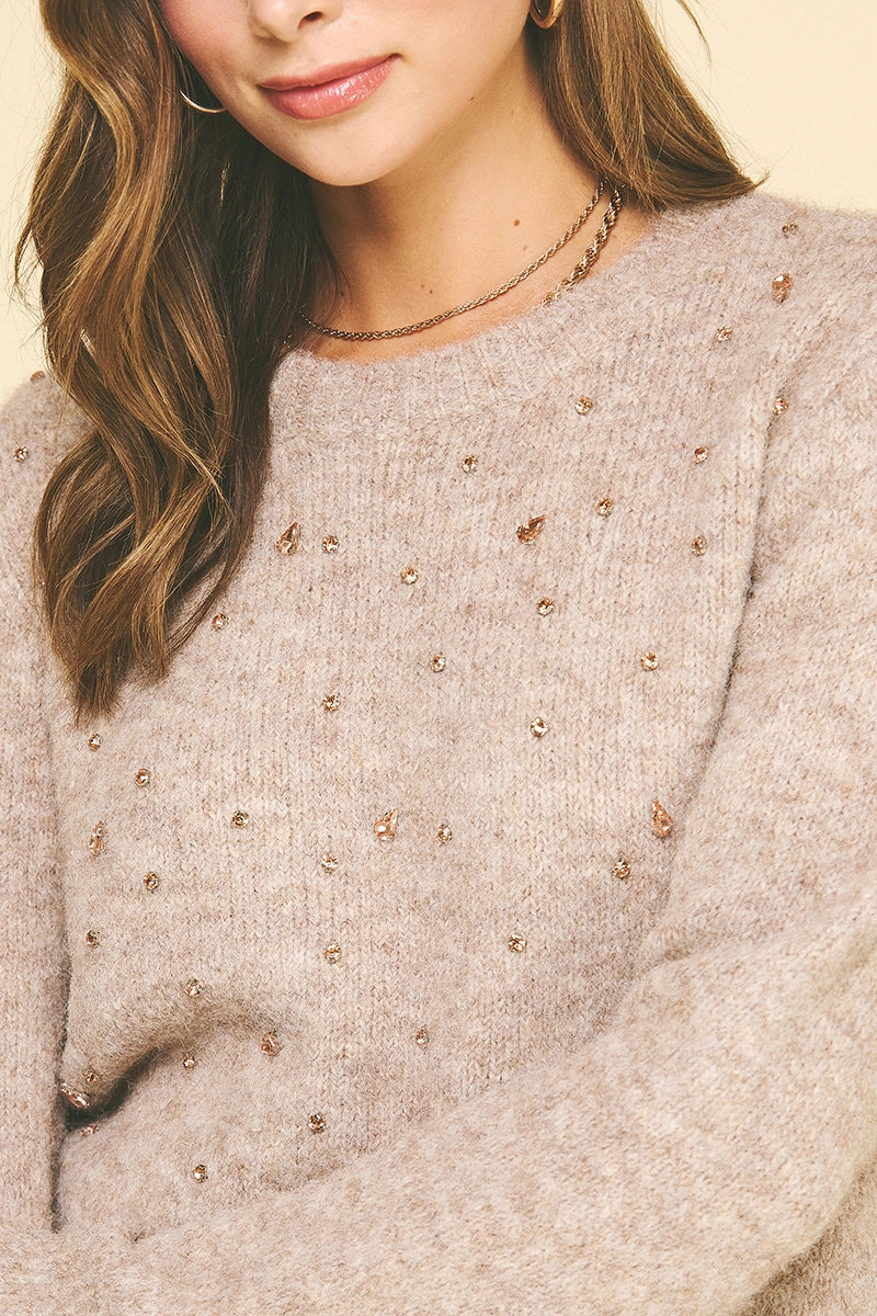 RHINESTONES EMBROIDERED KNIT SWEATER