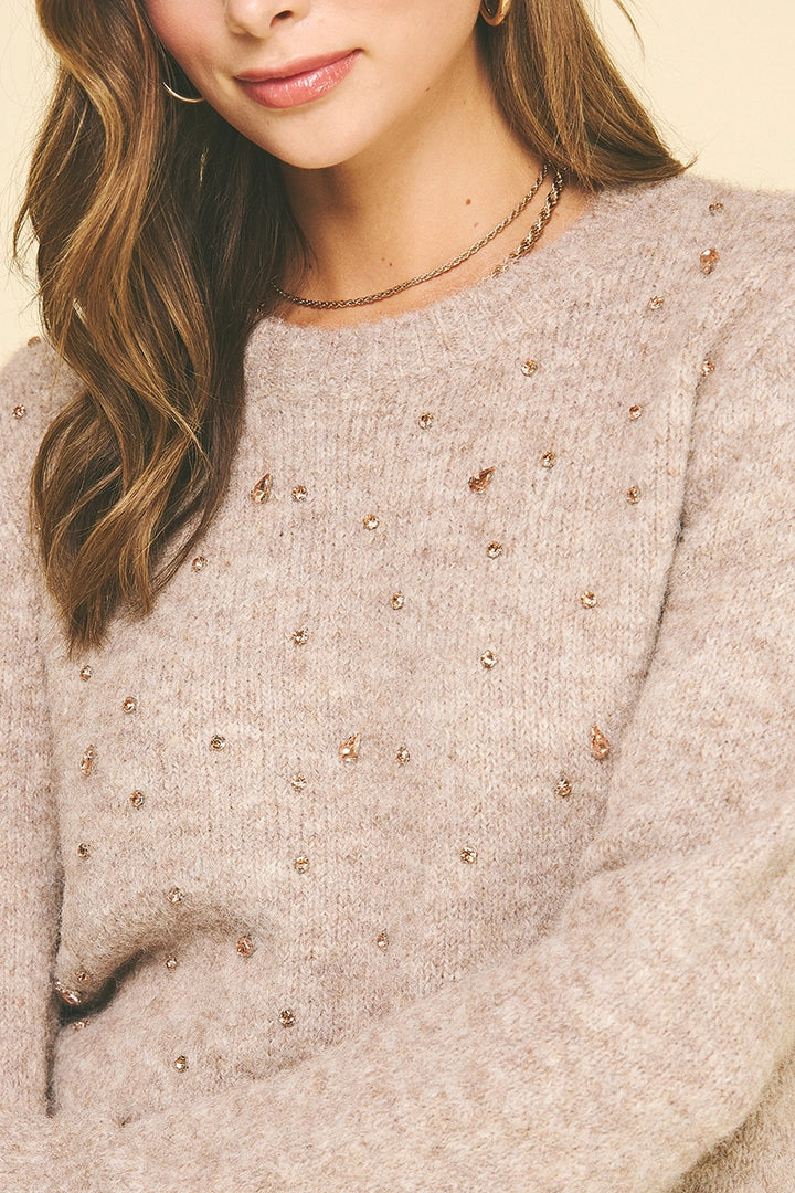 RHINESTONES EMBROIDERED KNIT SWEATER