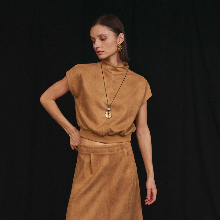 MOCK NECK STRETCH SUEDE TOP &amp; SKIRT SET