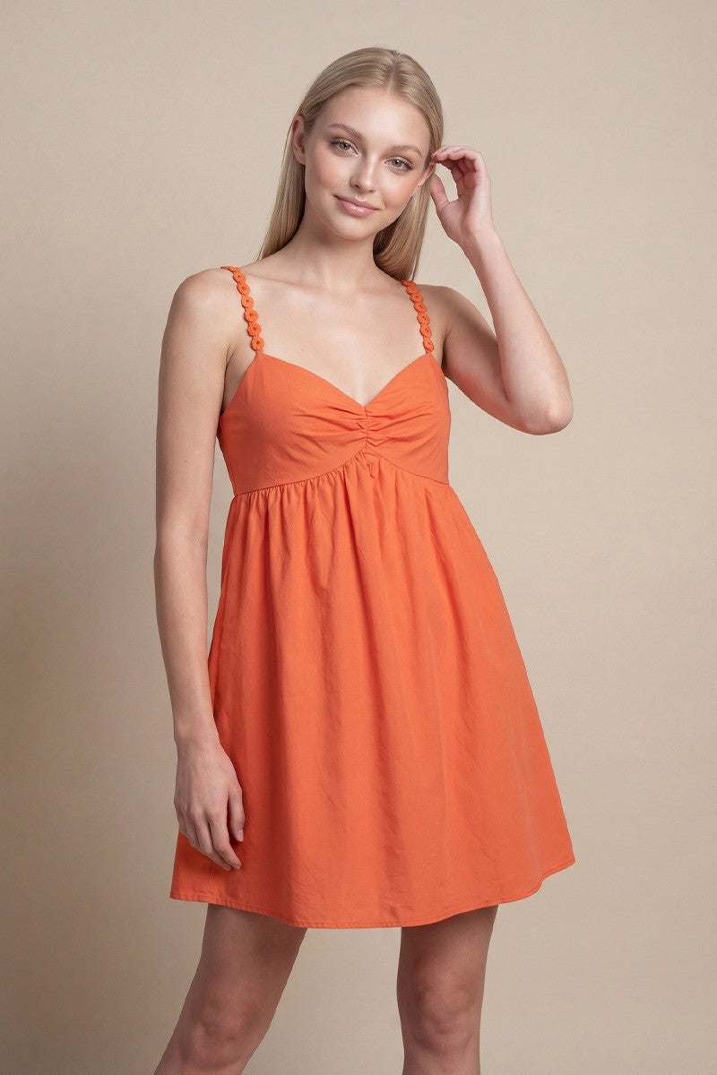 CROCHET RING DETAIL SLEEVELESS LINEN MINI DRESS