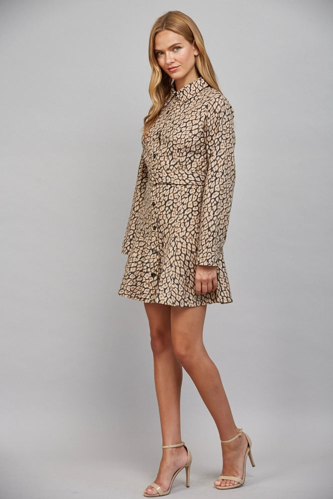ANIMAL PRINT BELTED SHIRT DRESS