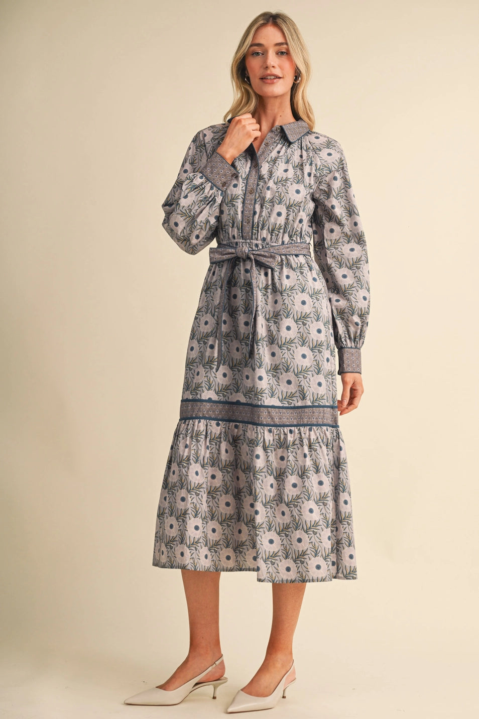 MIXED FLORAL BUTTON DOWN BELTED MIDI DRESS