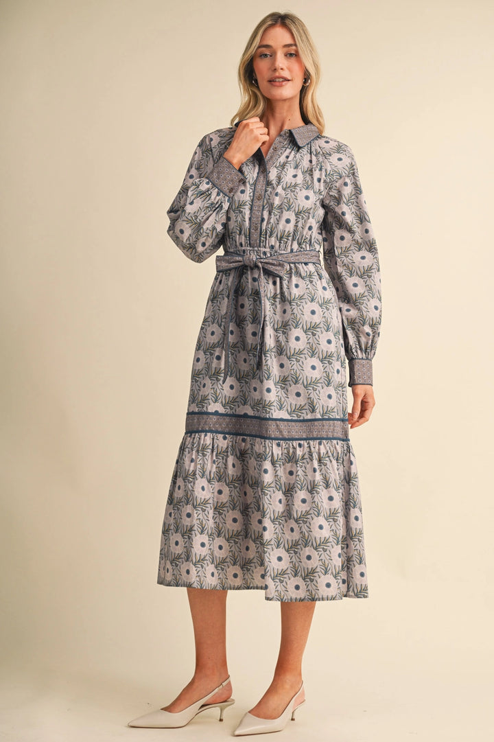 MIXED FLORAL BUTTON DOWN BELTED MIDI DRESS
