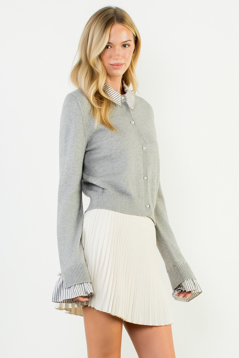 PEARL BUTTON MIXED MEDIA COLLARED KNIT TOP