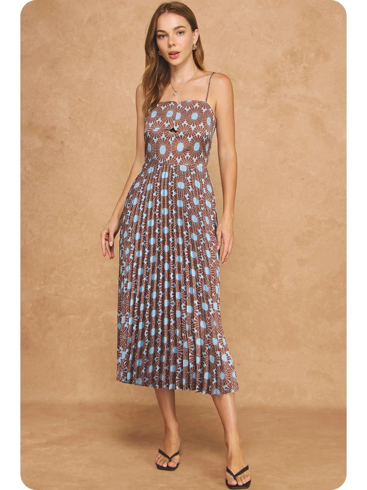 RETRO FLORAL PRINT TOP-STITCH MIDI DRESS