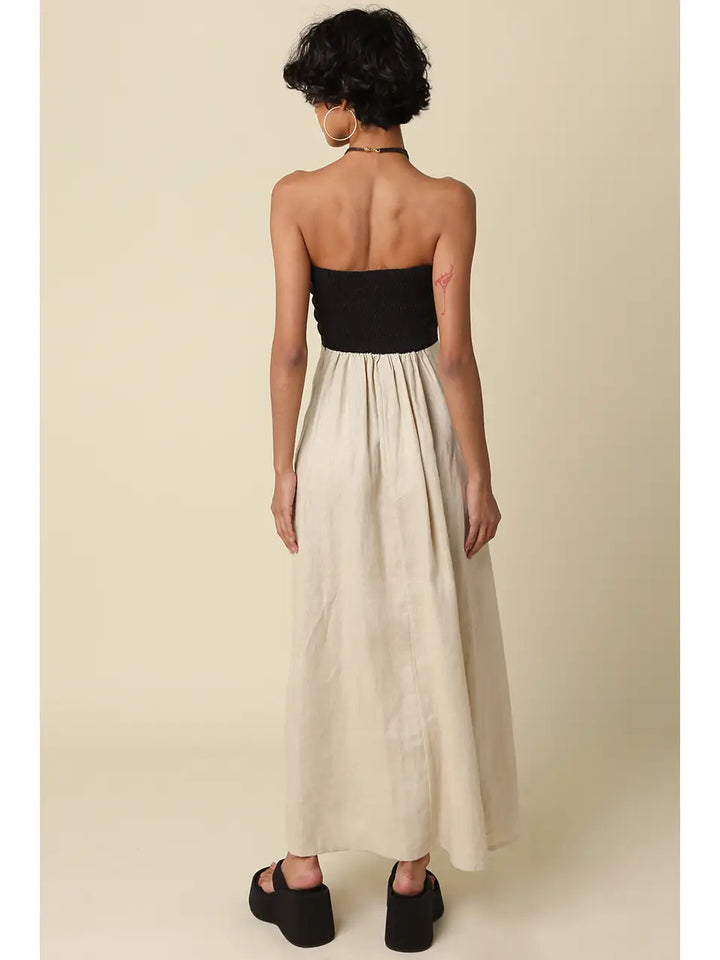 MEI CONTRAST STRAPLESS LINEN MAXI DRESS