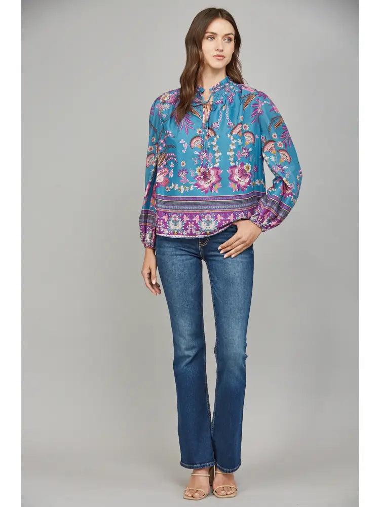 RUFFLED V NECK LONG SLEEVE BLOUSE