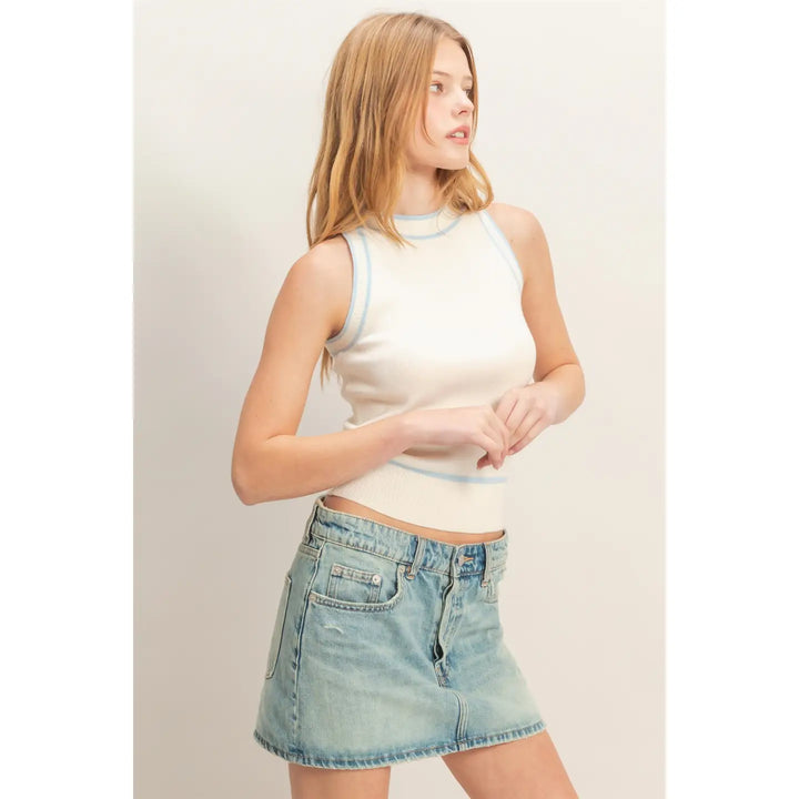 CONTRAST TRIM SLEEVELESS RIBBED TOP