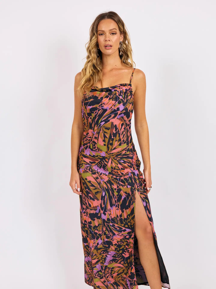 BUTTERFLY KISS HIGH SLIT BIAS MAXI SLIP DRESS