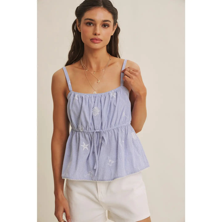 SUMMER TOP IN SEASHEEL STARFISH EMBROIDERY