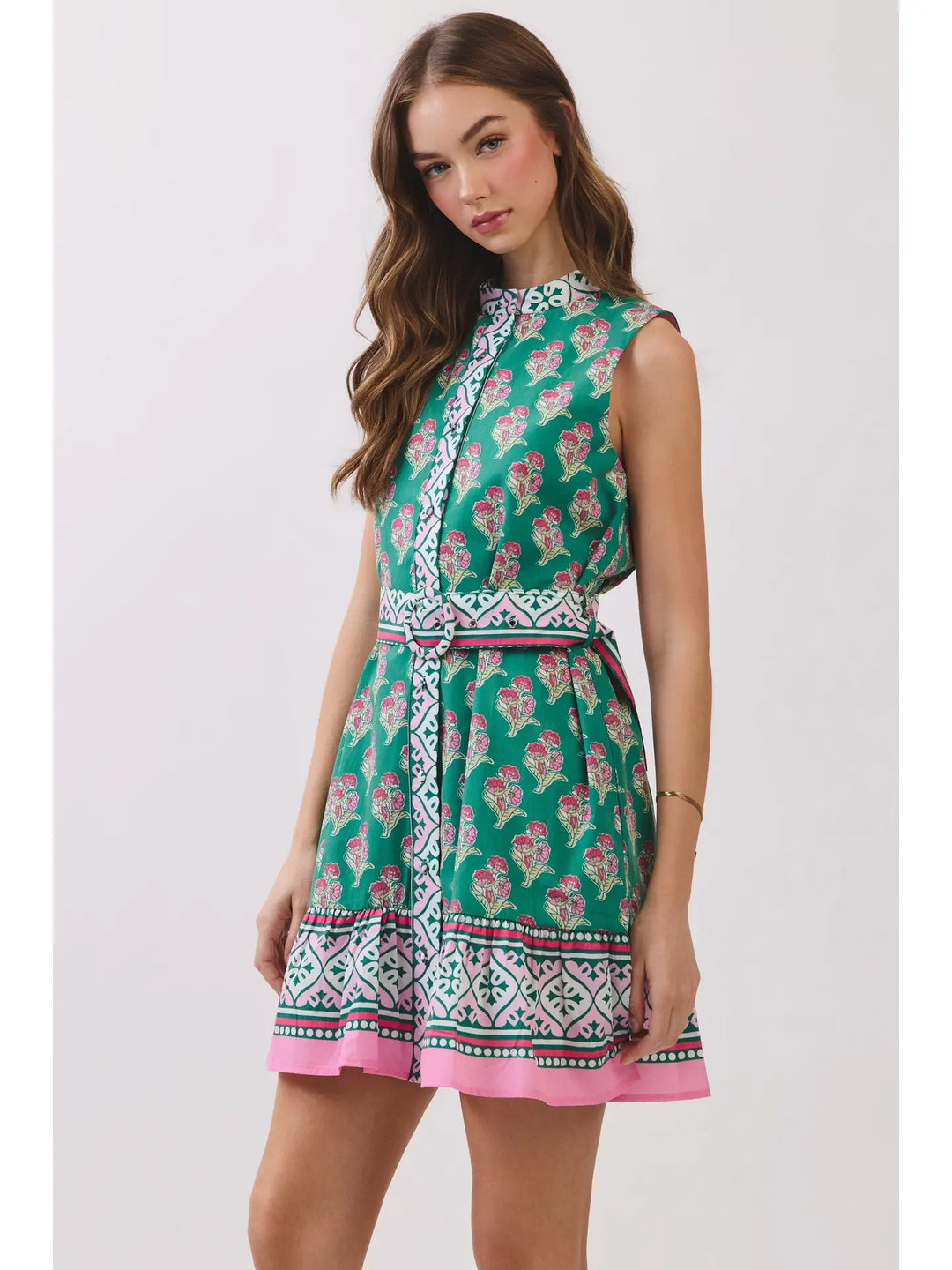 FLORAL BORDER PRINT BELTED MINI DRESS