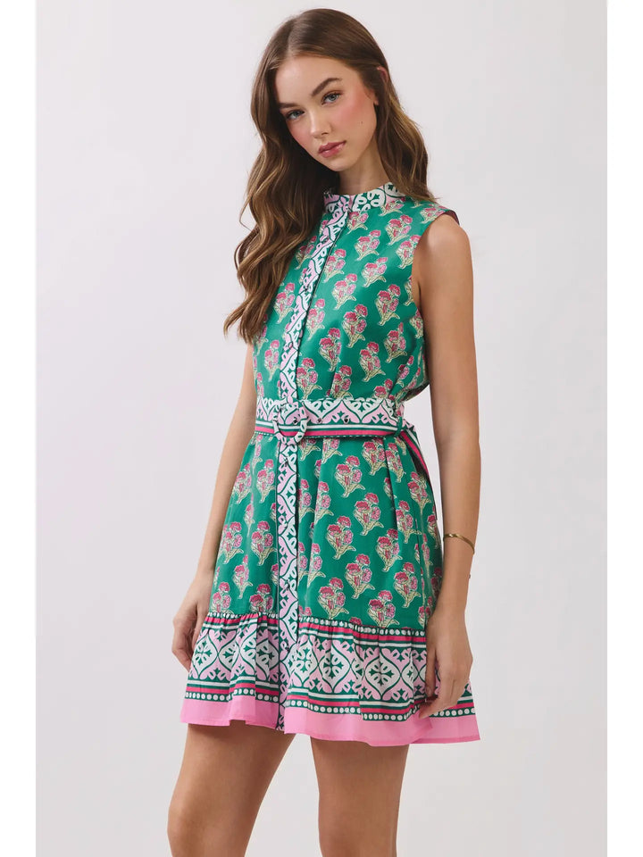 FLORAL BORDER PRINT BELTED MINI DRESS