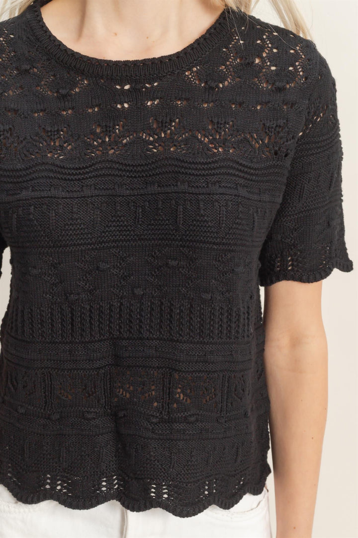 TEXTURED POINTELLE KNIT SHORT SLEEVE TOP
