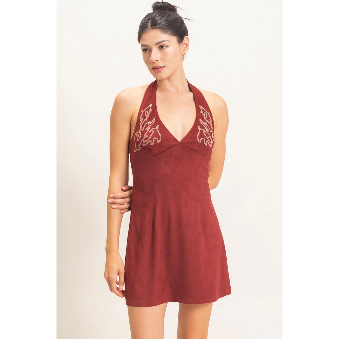 SUEDE V-NECK HALTER DRESS