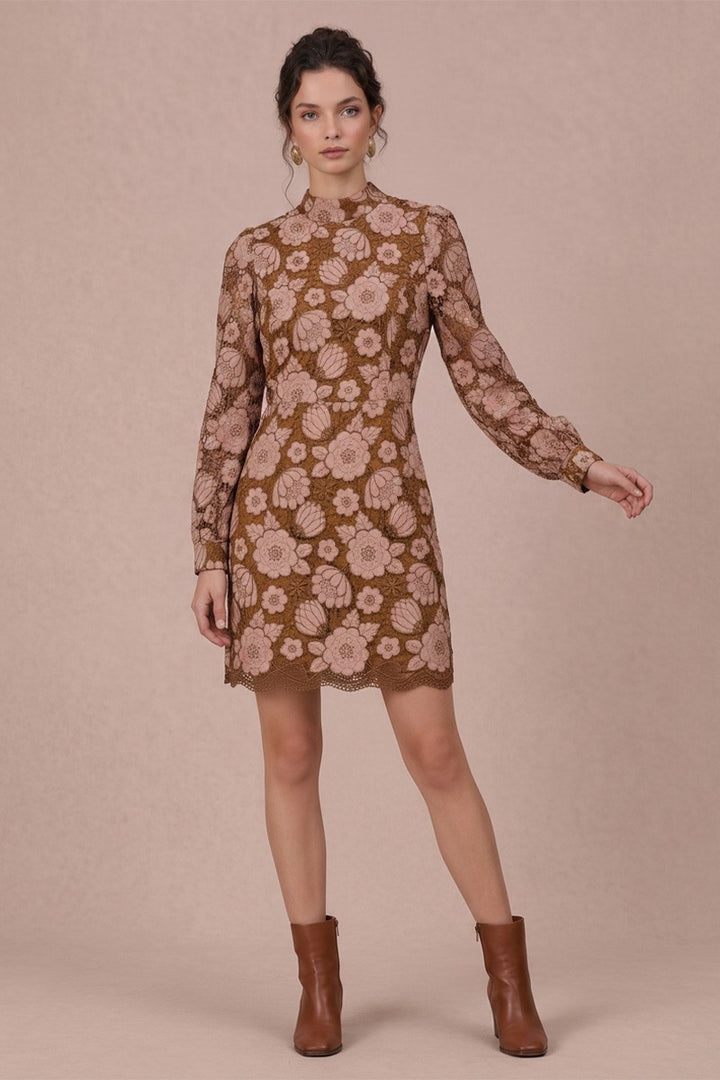 EMBROIDERED NECK BAND LONG SLEEVE MINI DRESS