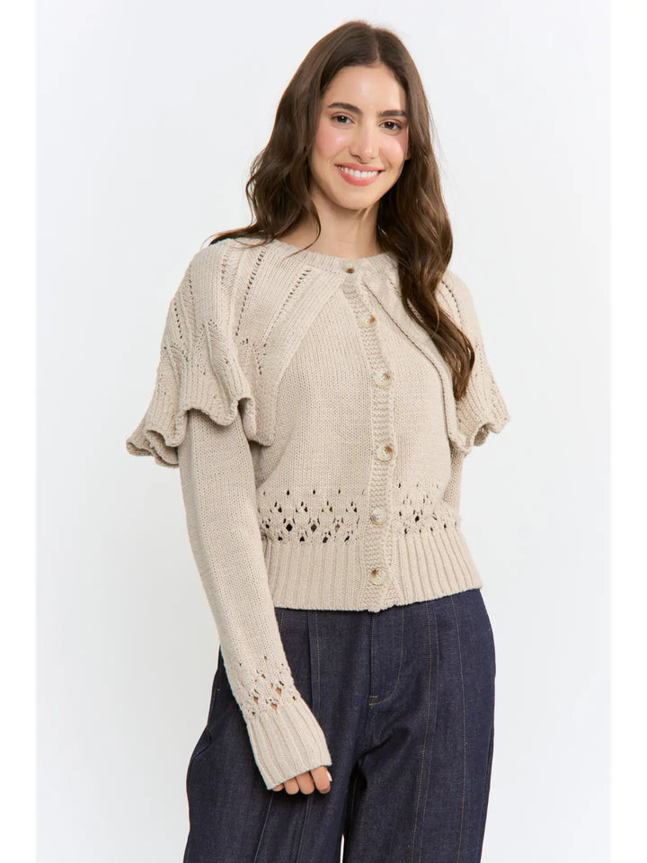 BUTTON-UP KNIT RUFFLED CAPELET CARDIGAN