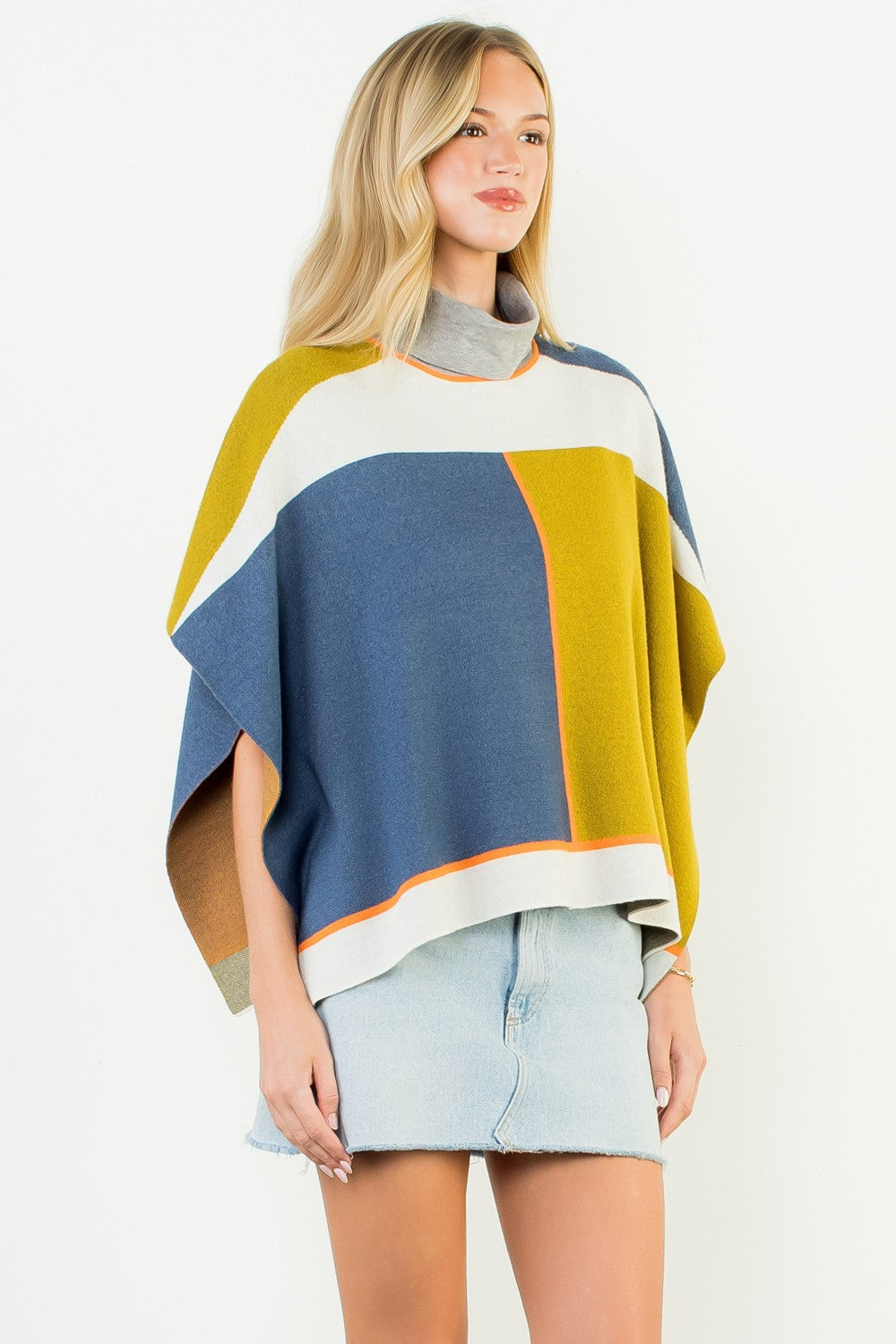 COLORBLOCK MOCK NECK KNIT PONCHO