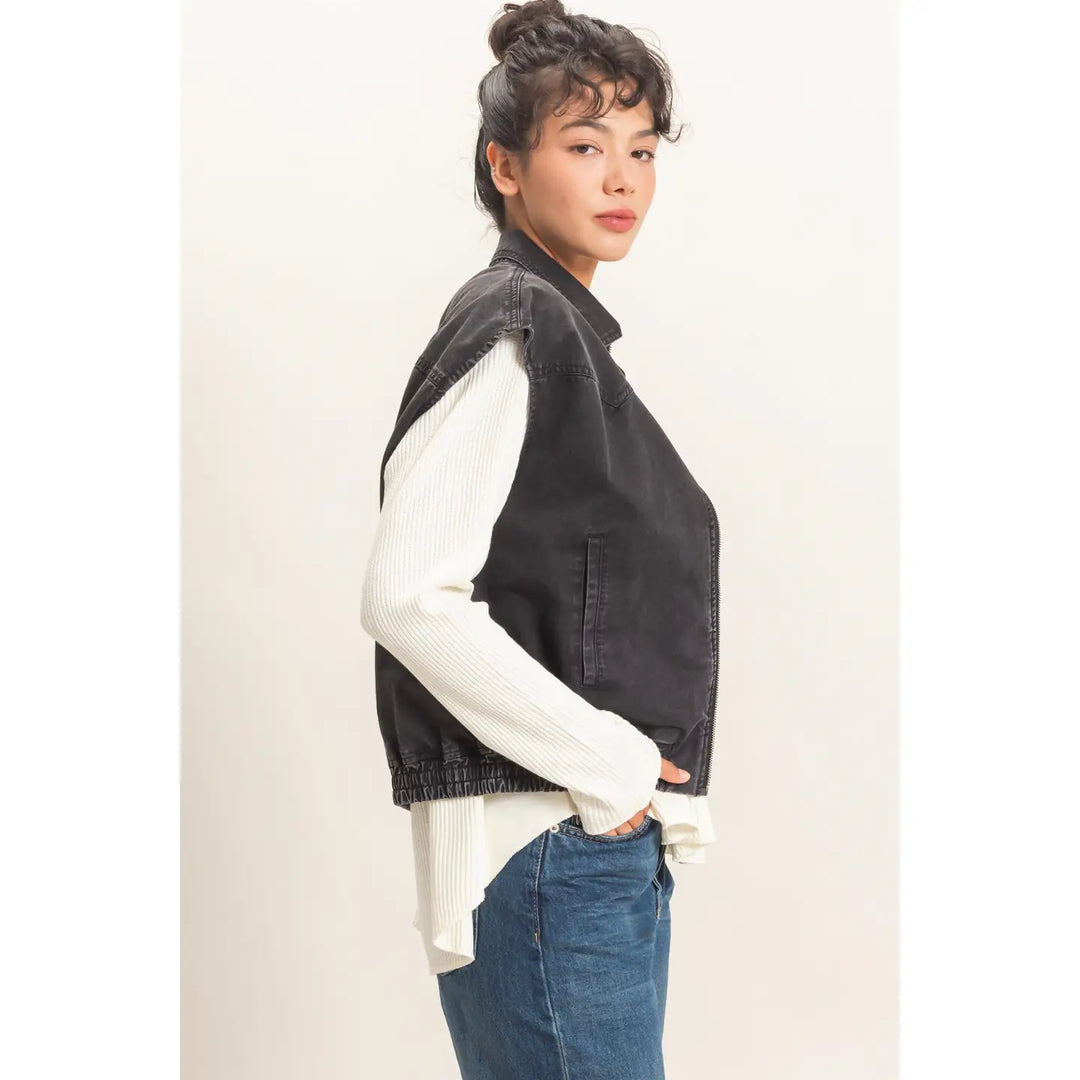 MINERAL WASH SLEEVELESS ZIP-UP COLLAR VEST