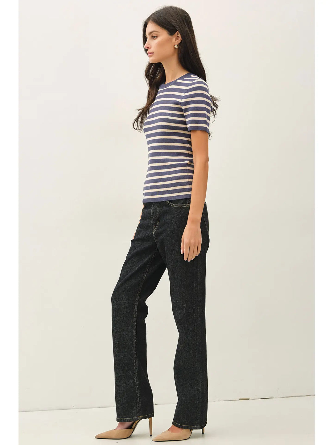 CLASSIC STRIPED CREWNECK SHORT SLEEVE SWEATER