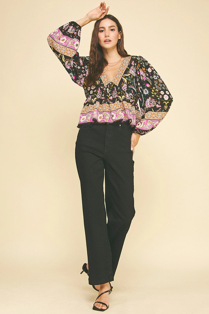 BOHO PRINT V NECK TOP