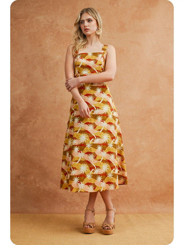 SUNBURST GEO PALM PRINT CUTOUT MIDI DRESS