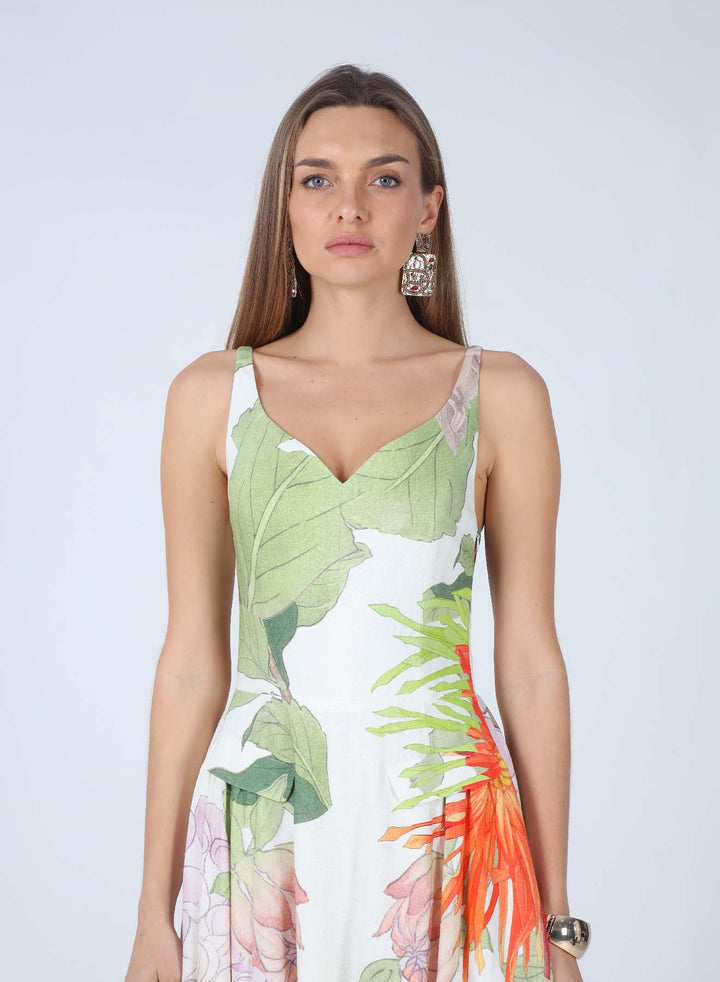LAILA TROPICAL PRINT V-NECK MAXI DRESS