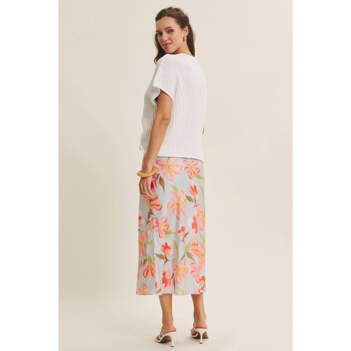 FLATTERING MOVEMENT FLORAL SATIN BIAS MIDI SKIRT