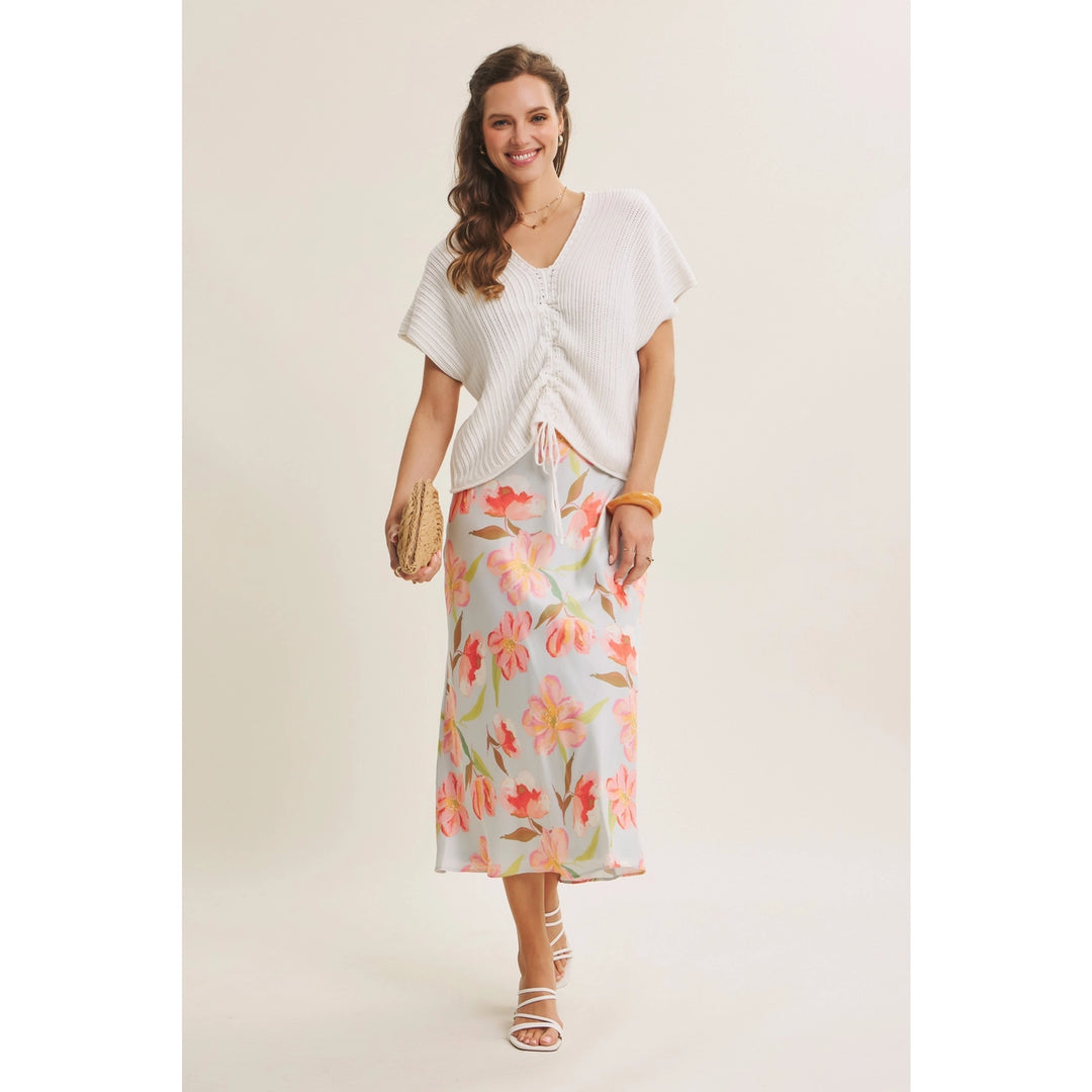 FLATTERING MOVEMENT FLORAL SATIN BIAS MIDI SKIRT