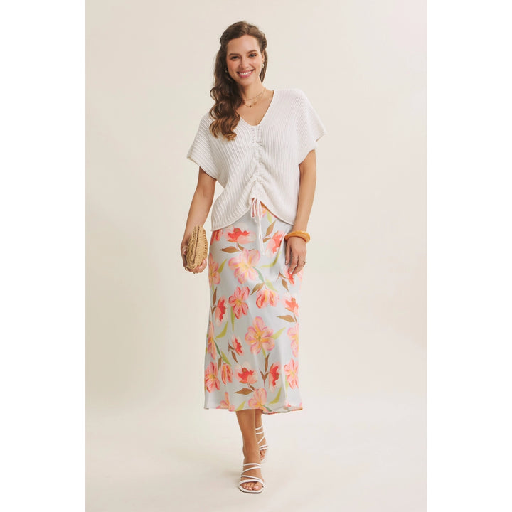 FLATTERING MOVEMENT FLORAL SATIN BIAS MIDI SKIRT
