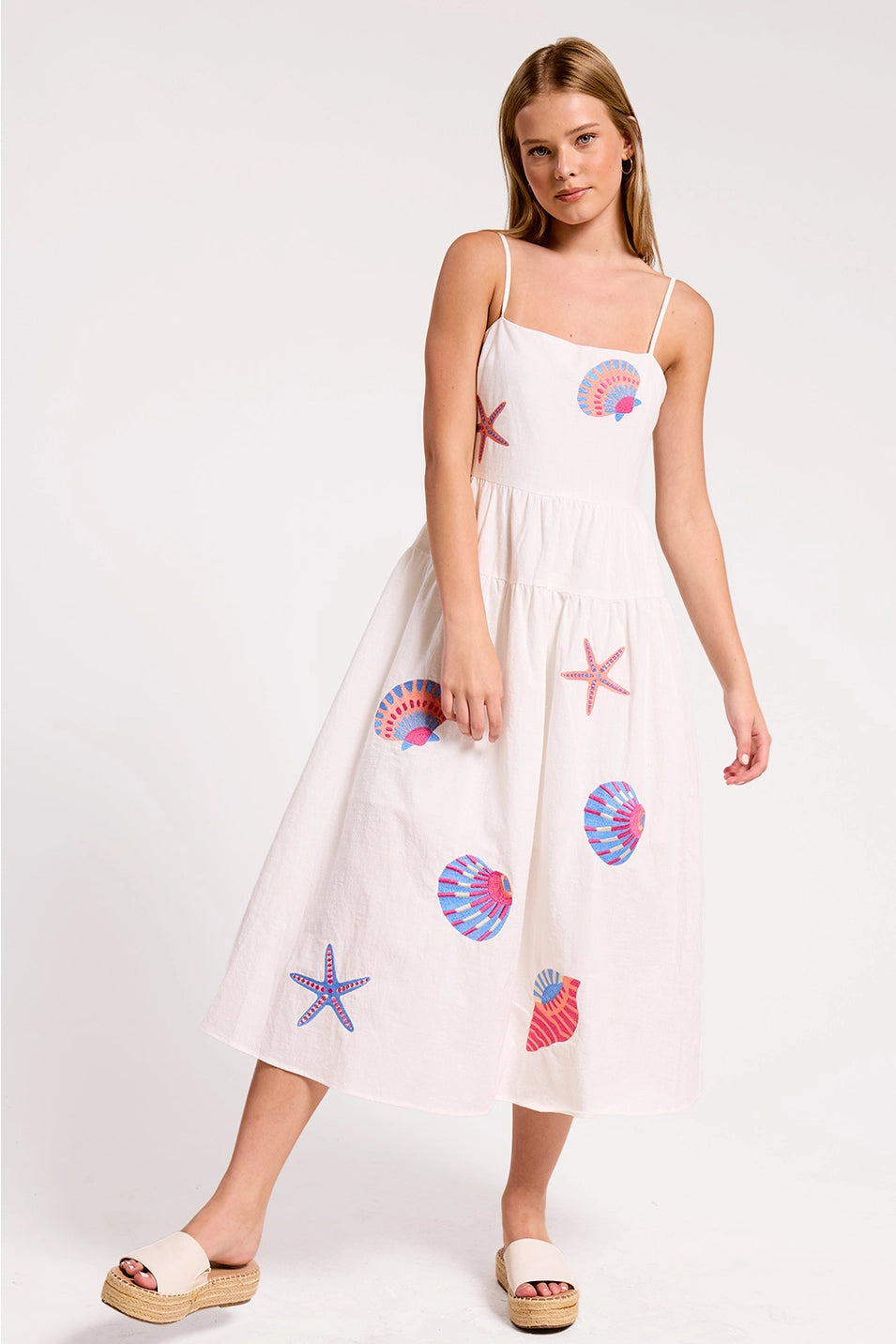 MARINE SHELL EMBROIDERED APPLIQUE MIDI DRESS